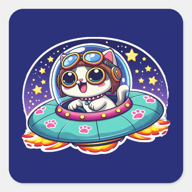 UFO Happy Kitty Square Sticker (Front)