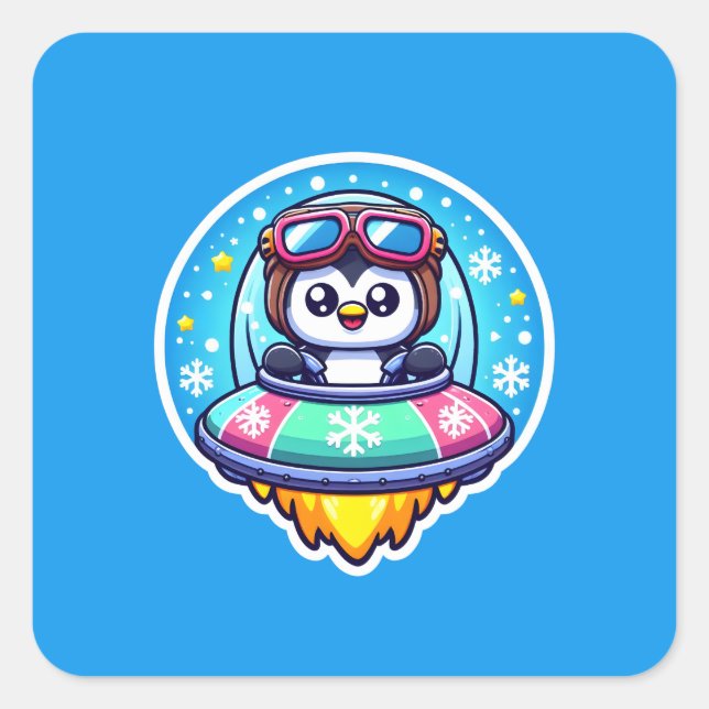 UFO Happy Penguin Square Sticker (Front)