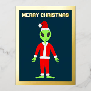 UFO Ho Ho Father Christmas alien Custom Foil Holiday Postcard