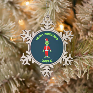 UFO Ho Ho Father Christmas alien Custom Snowflake Pewter Christmas Ornament