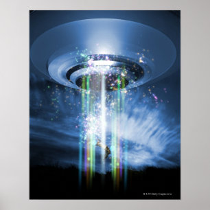 UFO hovering above Earth while abducting humans. Poster