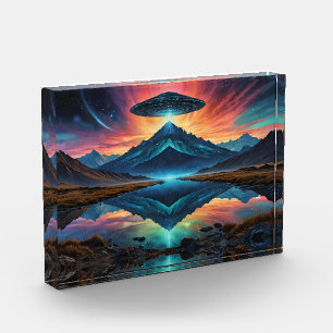 UFO hovers over Colourful Mountains and Lake Photo Block