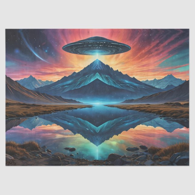 UFO hovers over Colourful Mountains and Lake Tissue Paper (Front)