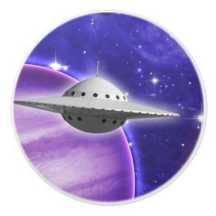UFO in Purple Space Pink Planet Stars Galaxy Ceramic Knob