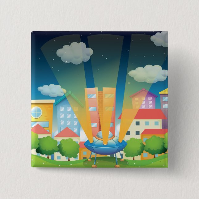 UFO Landing in a Bright City Night Scene 15 Cm Square Badge (Front)