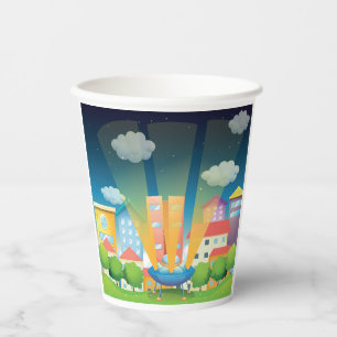 UFO Landing in a Bright City Night Scene Paper Cups
