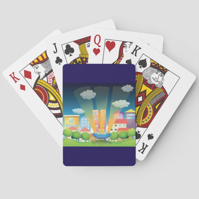 UFO Landing in a Bright City Night Scene Playing Cards (Back)