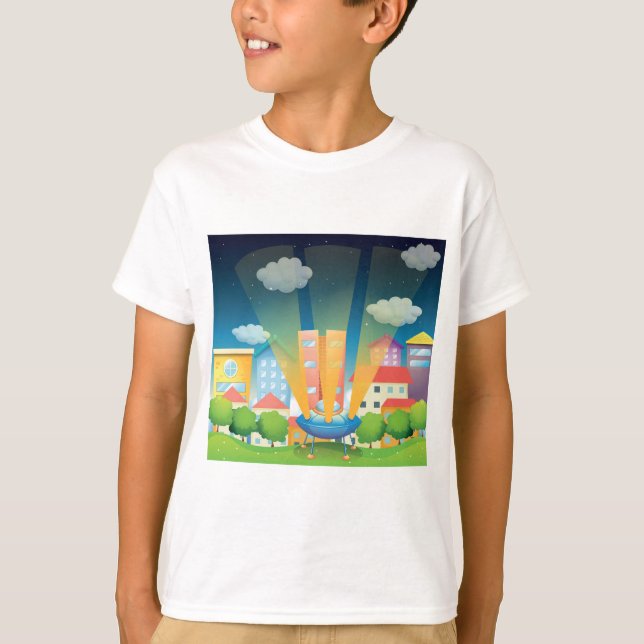 UFO Landing in a Bright City Night Scene T-Shirt (Front)
