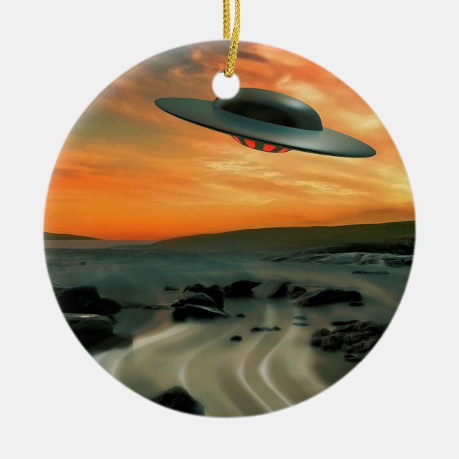 UFO Over Coast Ceramic Ornament (Front)