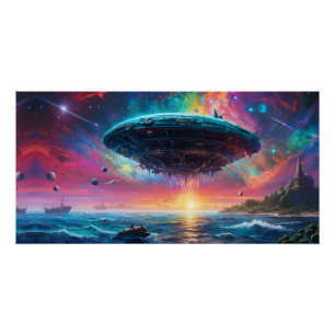 UFO over ocean, Fantasy, planets Poster