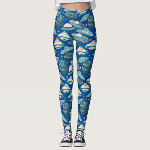 UFO Pattern Retro Style. Blue BG Leggings