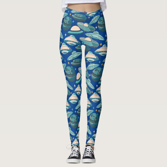 UFO Pattern Retro Style. Blue BG Leggings (Front)