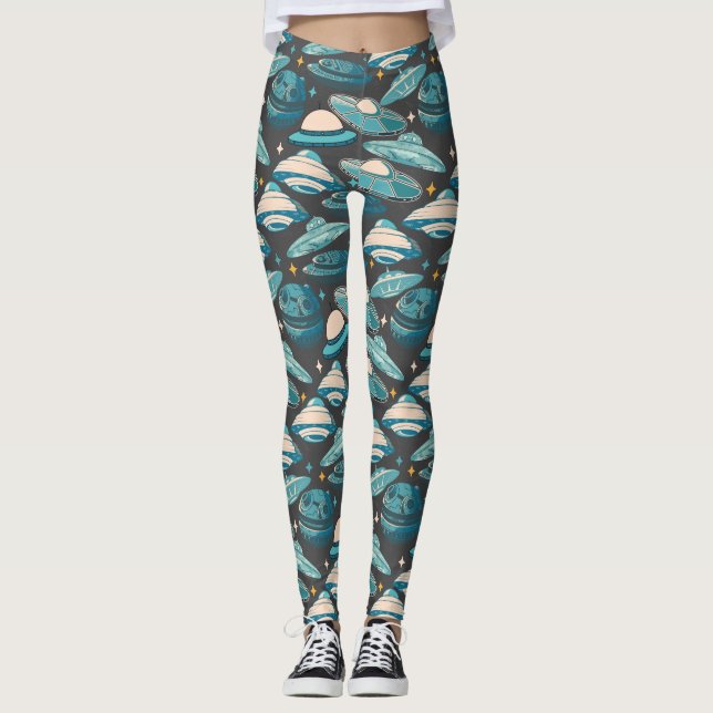 UFO Pattern Retro Style. D Grey BG Leggings (Front)