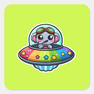 UFO Rainbow Elephant Square Sticker