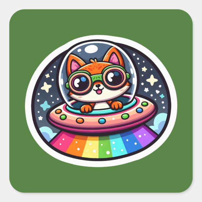 UFO Rainbow Fox Square Sticker (Front)