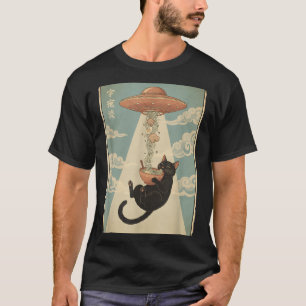 UFO Ramen Cat Alien Abduction Retro Japanese Art T-Shirt