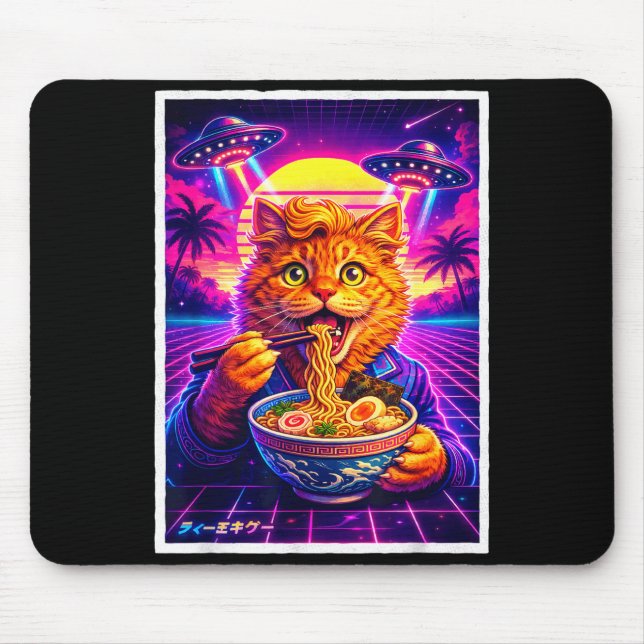 Ufo ramen cat meme retro synthwave 80s graphic mouse pad (Front)