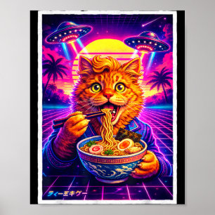 Ufo ramen cat meme retro synthwave 80s graphic poster
