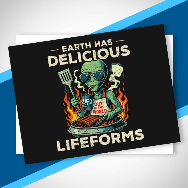 UFO Space BBQ Grill Earth Lifeforms Funny Alien Holiday Postcard (Creator Uploaded)