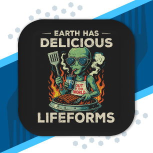 UFO Space BBQ Grill Earth Lifeforms Funny Alien Paper Plate