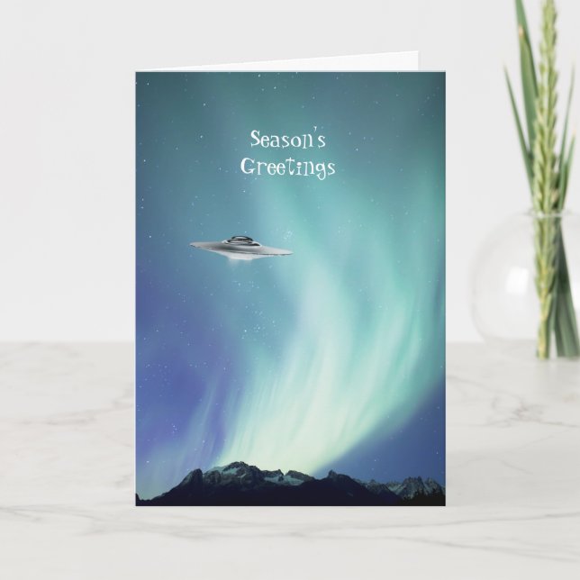 UFO Spaceship with Northern Lights Holiday Card (Front)