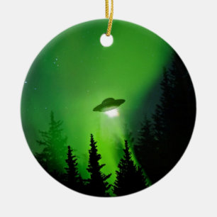 UFO with Northern Lights Ceramic Tree Decoration