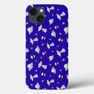UFOs, Alien Faces, and Stars on Blue Background iPhone 13 Case
