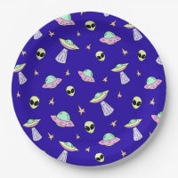 UFOs, Alien Faces, and Stars on Blue Background