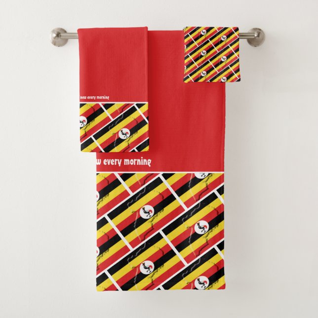 UGANDA FLAG Personalised Scripture RED Bath Towel Set (Insitu)
