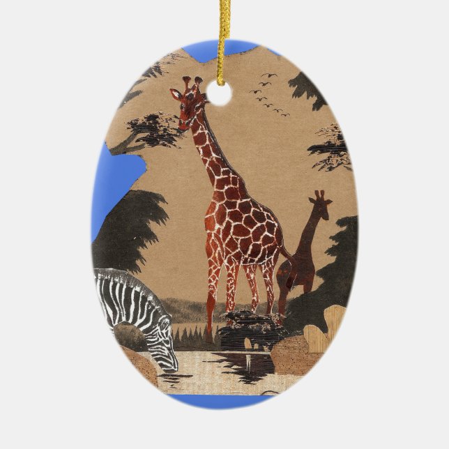 Uganda Wildlife Map Art Print Ceramic Tree Decoration (Front)