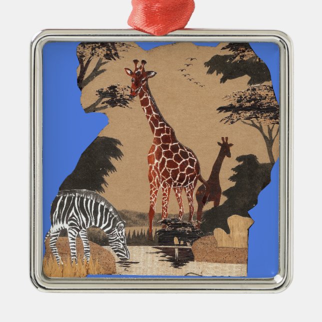 Uganda Wildlife Map Art Print Metal Tree Decoration (Front)