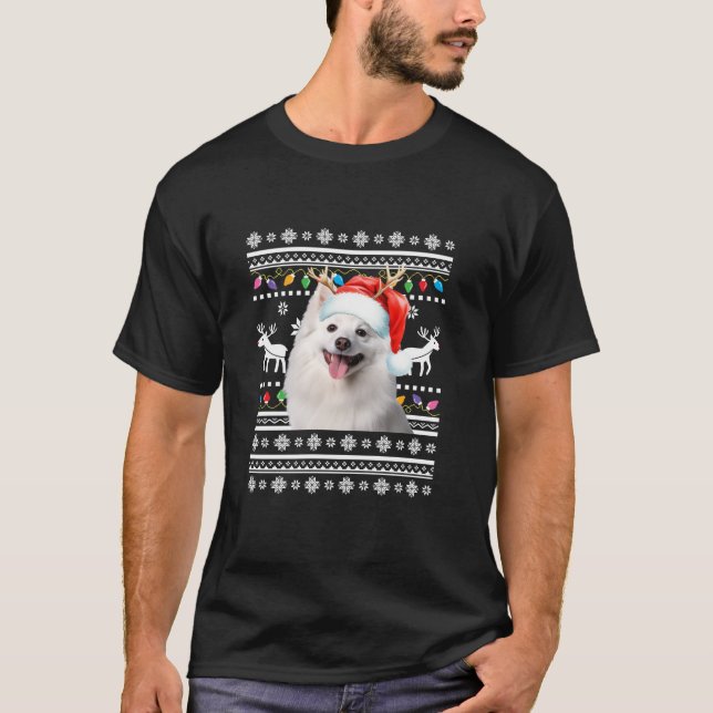 Ugly American Eskimo Christmas Lights dog Xmas T-Shirt (Front)