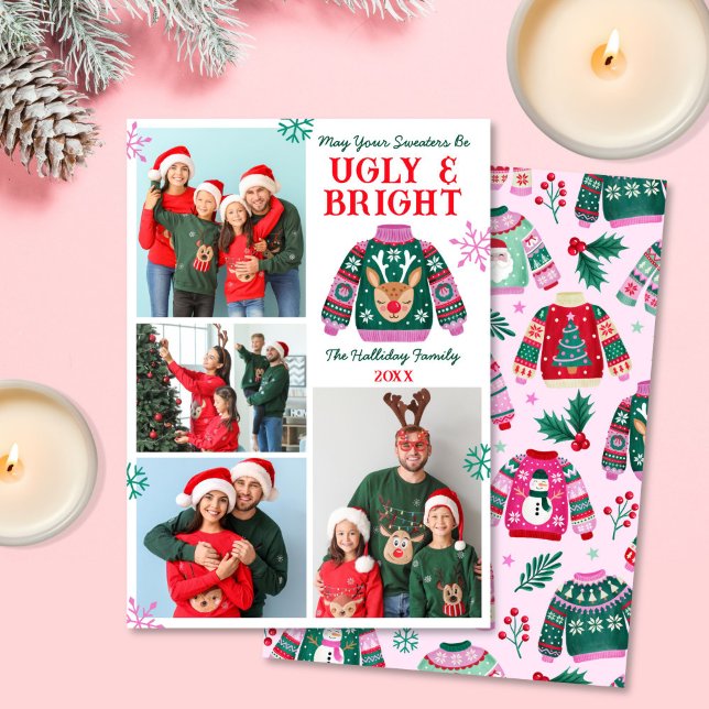 Ugly and Bright 4 Photo Christmas Sweater Collage Holiday Card (Ugly and Bright 4 Photo Ugly Sweater Christmas Holiday Card)