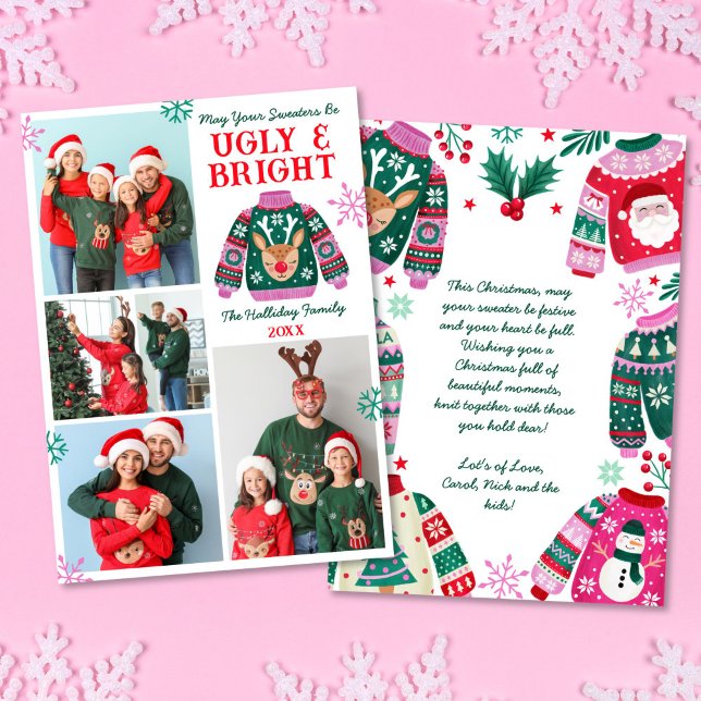 Ugly and Bright 4 Photo Ugly Sweater Christmas  Holiday Card (Ugly and Bright 4 Photo Ugly Sweater Christmas Holiday Card)