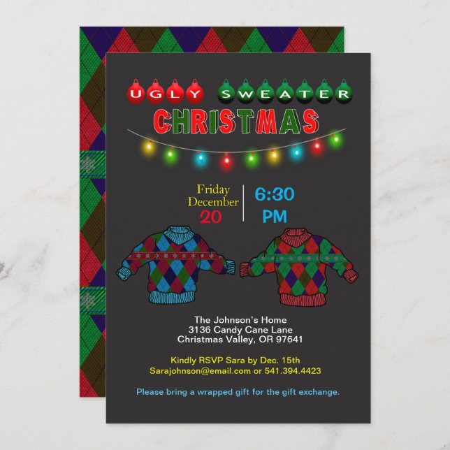 Ugly Argyle Sweater Christmas and Lights Invitation (Front/Back)