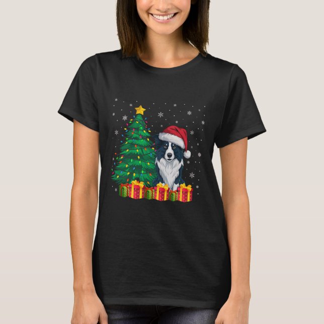 Ugly Border Collie Santa Hat Christmas Lights Dog  T-Shirt (Front)