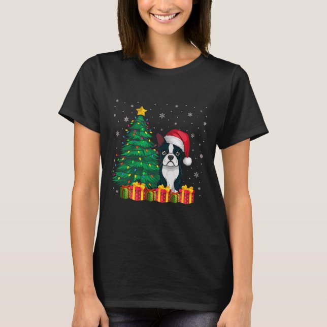 Ugly Boston Terrier Santa Hat Christmas Lights Dog T-Shirt (Front)