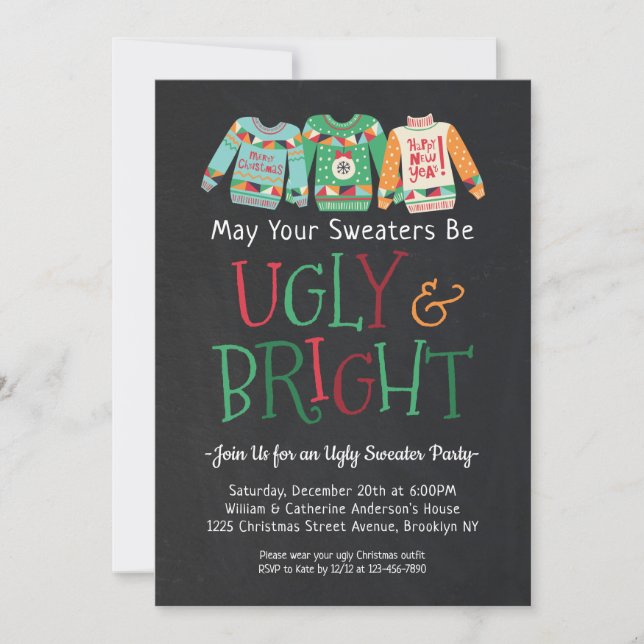 Ugly Bright Sweater Chalkboard Christmas Holiday Invitation (Front)
