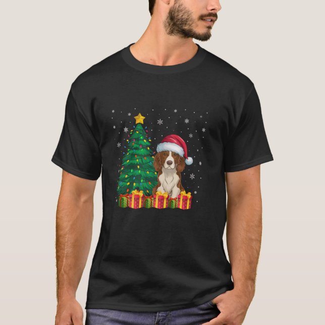 Ugly Brittany Spaniel Santa Hat Christmas Lights D T-Shirt (Front)