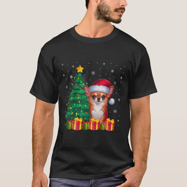 Ugly Chihuahua Santa Hat Christmas Lights Dog Love T-Shirt (Front)