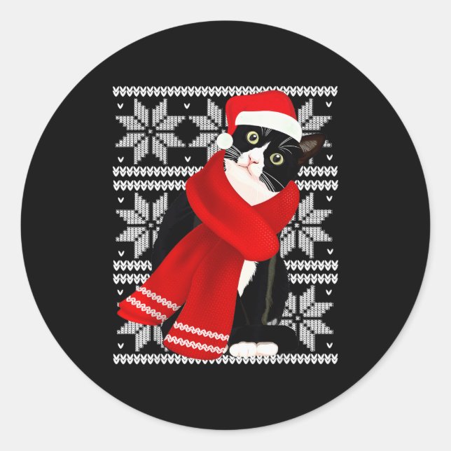 Ugly Christmas Black Cat Santa Hat F Holiday Cute  Classic Round Sticker (Front)