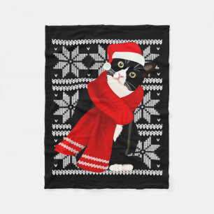 Ugly Christmas Black Cat Santa Hat F Holiday Cute Fleece Blanket