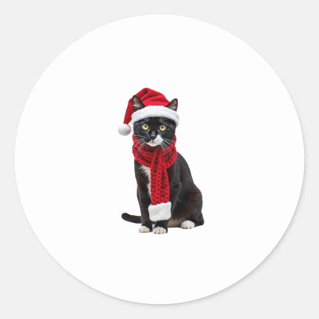 Ugly Christmas Black Cat Santa Hat Scarf Holiday C Classic Round Sticker (Front)