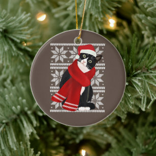 Ugly Christmas Black Cat Santa Hat Scarf Holiday Ceramic Ornament