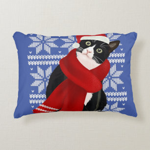 Ugly Christmas Black Cat Santa Hat Scarf Holiday Decorative Cushion