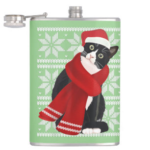 Ugly Christmas Black Cat Santa Hat Scarf Holiday Hip Flask