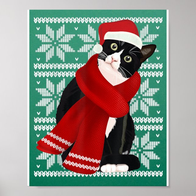 Ugly Christmas Black Cat Santa Hat Scarf Holiday Poster (Front)