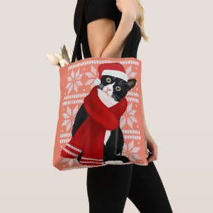 Ugly Christmas Black Cat Santa Hat Scarf Holiday Tote Bag