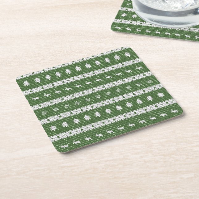 Ugly Christmas Chic Green Square Paper Coaster (Angled)