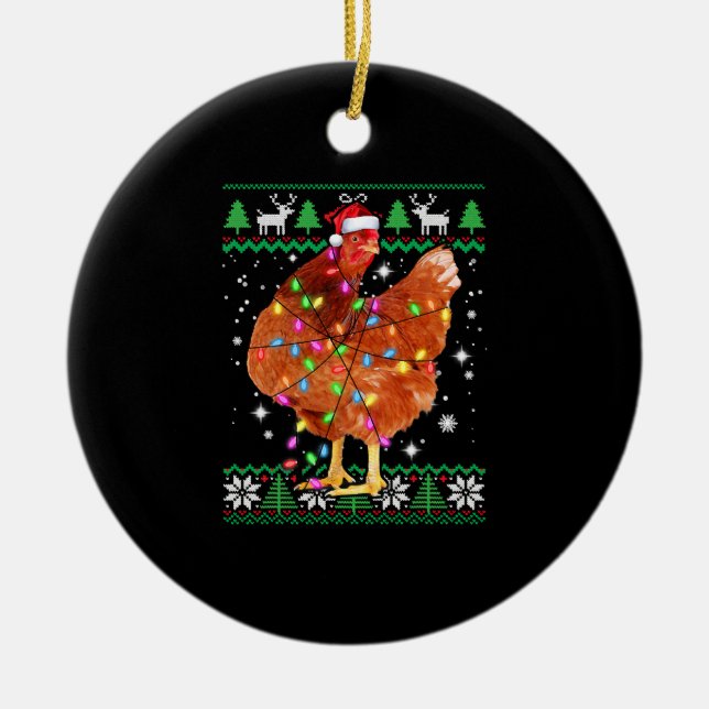 Ugly Christmas Chicken Santa Hat Lights Ceramic Ornament (Front)